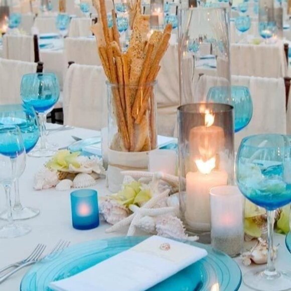 Set of 8 (eight) GORGEOUS Mismatched BLUE Vintage WATER  *4 Gorgeous Aqua Blue Wine Stems ~ Wedding, Party, Dinner, Glasses ~ Glass Drink